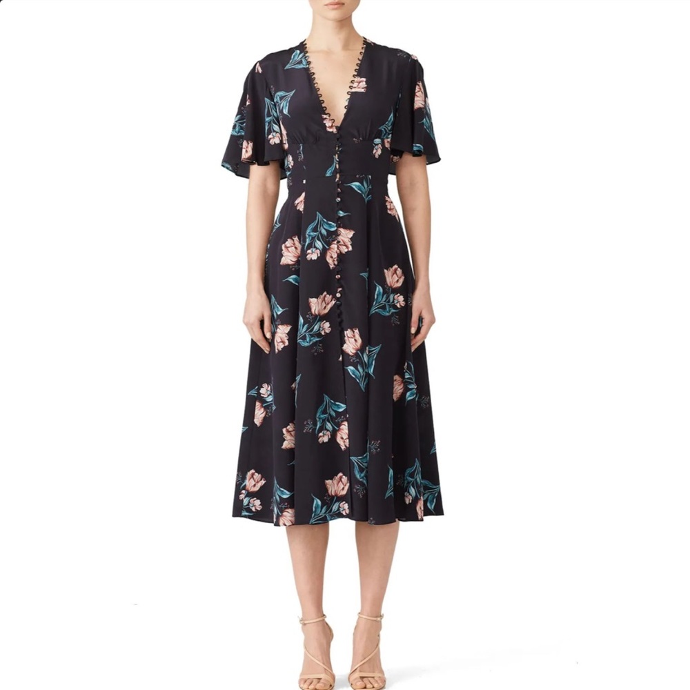 Nicholas Piper Floral Button Down Silk Belted Midi Dress, Size 6